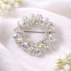 Vintage Crystal Rhinestone Circle Brooch Pin With Faceted Aurora Borealis Beads